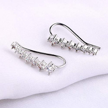 Silver Rose Gold Plated Cubic Zircon Climber Wrap Cuff Earrings - color: Silver White