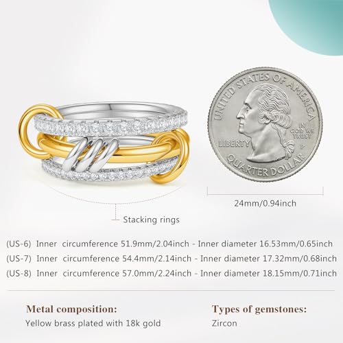 Cicy Bell Interlocking Ring for Women 18k Gold Plated CZ Stack Ring Set - color: Style E-Gold, size: 6