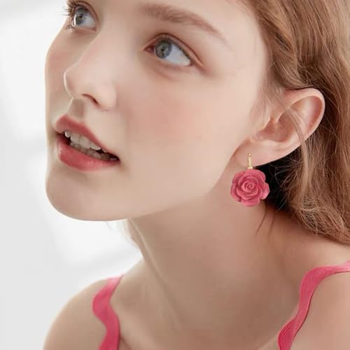 Handmade Bohemian Aesthetic Dainty Acrylic Flower Petal Leverback Earrings Sparkly 14K Gold Floral Dangle Drop Earrings for Women - color: Dark Pink