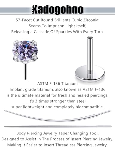F136 Titanium 20/18/16g Internally Threaded Medusa Monroe Lip Ashley Labret Nose Rings Flat Back Tragus Helix Cartilage Conch Screw Stud Earrings Surgical Steel Piercing Jewelry for Women - color: Purple CZ, size: 20g*1/4in
