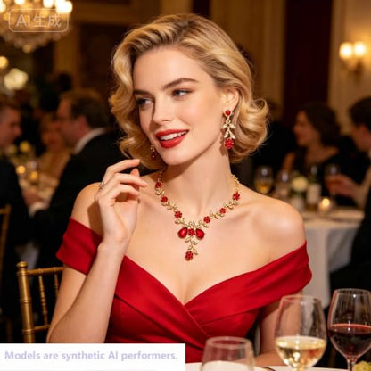 Kamirola Women's Wedding Jewelry Leaf Cluster Flower Crystal Dangle Earrings Pendant Necklace Set for BridalCrystal Bridal Jewelry Set - color: Gold Red