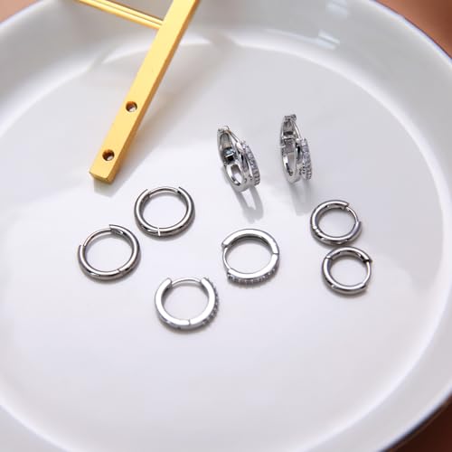 Stainless Steel Stud Earrings Set for Women Hypoallergenic Flat Back Cartilage Earrings Screw Back Huggie Hoop Earrings Multiple Piercing Cubic Zirconia Helix Tragus Jewelry - color: Set-C-Silver
