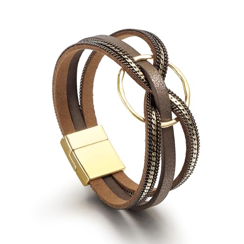 Edoneery Leather Wrap Bracelets for Women, Boho Layered Cuff Bangle | Multi-layer Leather Cuff, Daily wear, Stackable Bangle, Easy on-off, Western Jewelry Gifts for Women - color: Brown-5