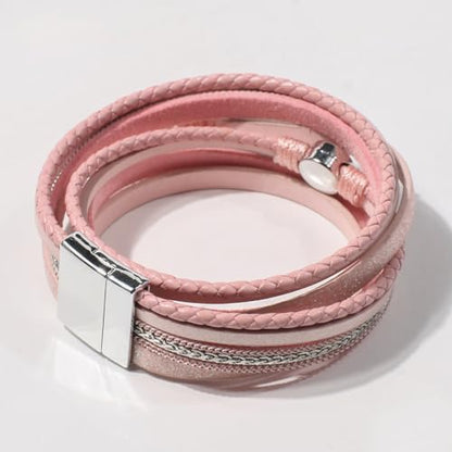 Artilady Leather Wrap Bracelet for Women, Pearl Beaded Bangle Stack Jewelry | Easy on-off, Elegant Handmade Multi-Layered, Daily Casual Date Beach Vacation, Gift for Ladies, Mother, Sister & Friend - style: Pink