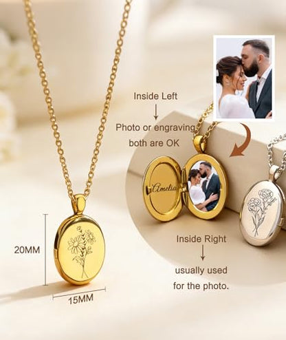 Personalized Locket Necklace for Women with Engraved Text & Picture | Custom Birthday Flower Locket Necklace Mothers Day Gift for Mom Mother Wife - color: Elliptic
