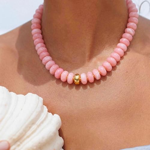 Beaded necklace for Women Boho Bead Gemstone Chunky Necklace Big Bead Necklace Fashion Trendy Summer Necklaces Jewelry Gifts - color: Pink&GD Beaded