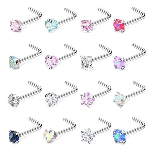 SEEDRILL Nose Rings Studs for Women 16Pcs 20G/18G Nose Studs Hypoallergenic 316L Surgical Steel Nose Piercings Jewelry 3mm CZ & Opal Nose Ring L Shape Nose Stud 20 Gauge Nose Screw Studs - style: 20G/L Shape/Colorful CZ