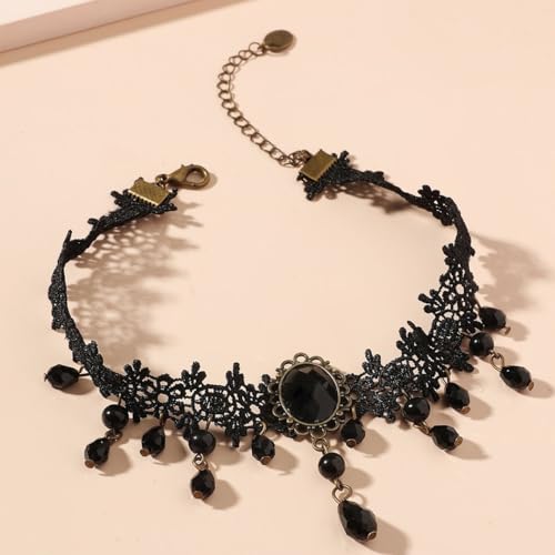 CSIYANJRY99 Gothic Choker Necklace for Women Halloween Red Crystal Vampire Choker Steampunk Lace Choker Witch Costume Accessories - style: Long and short tassels