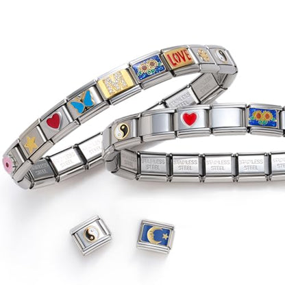Stainless Steel Italian Charm Bracelet, 18 Link Starter Bracelet 9mm Charms | Italian Charm Bracelet with 9Pcs/20Pcs Charms and Opening Tools, Classic 9mm Modular Charm, Personalized Jewelry Gift - color: Gold M