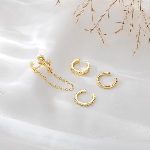 14K Gold Plated Ear Cuff Earrings for Women, Dainty Ear Cuffs Non Piercing Clip on Earrings Trendy Non pierced Cubic Zirconia Fake Hoop Earring Jewelry Sets for Women - color: Gold-3