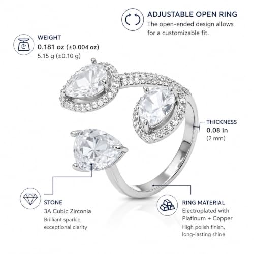 Aura & Irena 18K Gold Plated Pear-Shaped Cocktail Rings for Women, Non-Tarnish Adjustable Statement Ring with 3A Cubic Zirconia, Gift for Family Friend - color: Silver