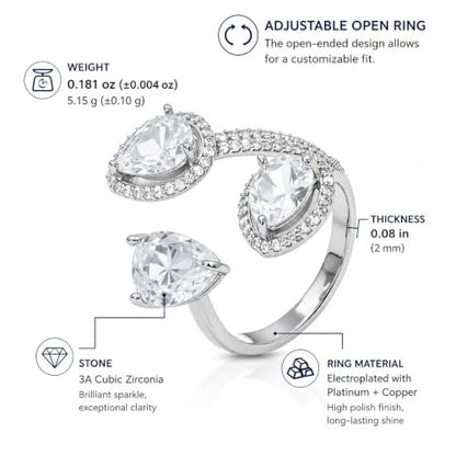 Aura & Irena 18K Gold Plated Pear-Shaped Cocktail Rings for Women, Non-Tarnish Adjustable Statement Ring with 3A Cubic Zirconia, Gift for Family Friend - color: Silver