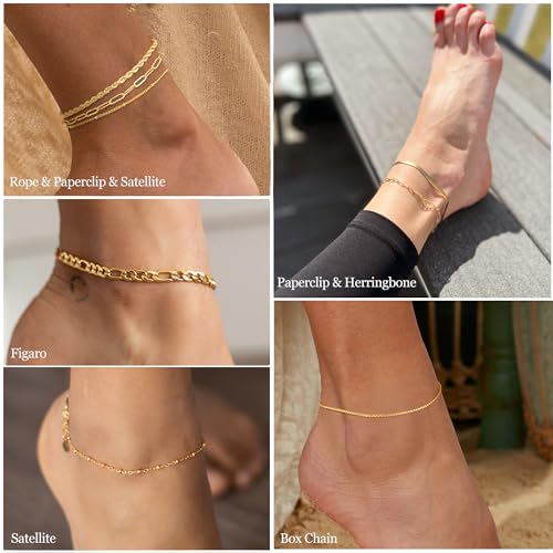 Dainty Ankle Bracelets for Women Waterproof | Layered Gold Plated Tennis Cuban Snake Rope Paperclip Beaded Link Chains Set, Summer Beach Jewelry Gift - color: Gold Anklet B