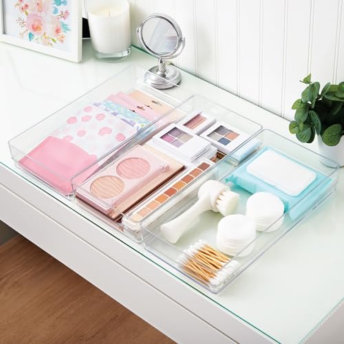 STORi SimpleSort 3-Piece Stackable Clear Drawer Organizer, 12" x 6" x 2" | Rectangle Trays, Wide Makeup Vanity Storage Bins, Office Desk Drawer Dividers, Made in USA - size: 12x6x2"