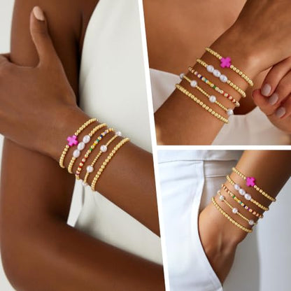 Turandoss 5PCS 14K Gold Plated Beaded Stretch Bracelets Set for Women | Stacked Bow Cross Wave Knot Pearl Beads Bracelet Set, Waterproof 7 Inch Stretch Elastic, Summer Jewelry Gifts for Women Girls - color: 5PCS Pink Cross Beaded Bracelets