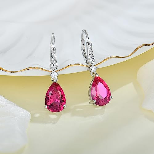 Women 925 Sterling Silver Birthstone Teardrop Leverback Drop Dangle Earrings 8 * 12mm 5A Cubic Zirconia Jewelry for Her - color: July,Ruby Color