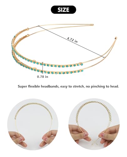 Wecoe 4 Pack Rhinestone Headband for Women and Girls, Flower Wedding Headband, Bridal Shower, Party, Prom, Cosplay, Hair Accessories, Gifts - color: Gold band & blue/green rhinestones