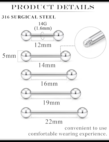 14G 16G Mix Size Tongue Rings Piercing Jewelry Stainless Surgical Steel Straight Barbell Nipple Tongue Ring Piercing Jewelry For Women Men 12MM 14MM 16MM 19MM 22MM Silver Black Gold - color: Silver, size: 14 Gauge-12MM/14MM/16MM/19MM/22MM