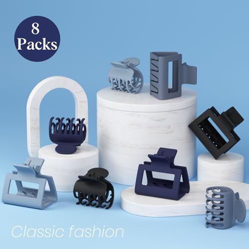 8 PCS Medium Hair Clips for Women Girls - 2 Styles Rectangle and Double Row Teeth Small Claw Clips for Thin Thick Hair, Matte Non-slip Strong Hold Jaw Clips Hair Accessories, Blue - color: Blue