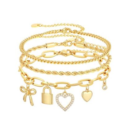 3PCS Charm Gold Bracelets for Women Non Tarnish,14k Plated Gold Bracelet Stack Cute Dainty Stackable Trendy Bow Cross Clover Bracelets Set Tarnish Free Gold Jewelry for Women Gifts - color: Lock-Gold