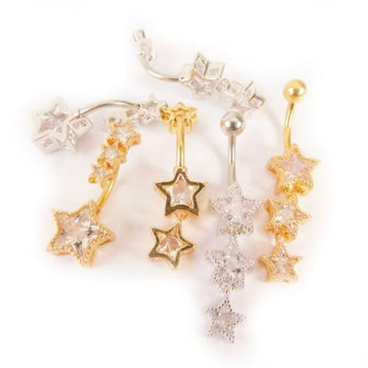 3Pcs 14G Stainless Steel Dangle Belly Button Rings Cubic Zirconia Heart Star Round Belly Navel Barbell Rings Belly Piercing Jewelry for Women - style: Silver Star