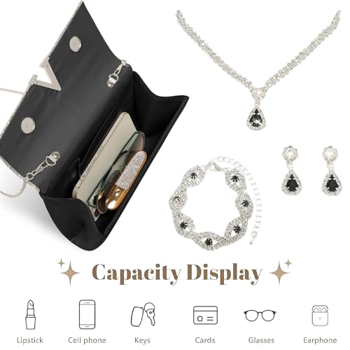 YYW 4 Pieces Women Evening Handbags Clutch Purse Bag with Rhinestone Crystal Jewelry Set for Wedding Party - color: black