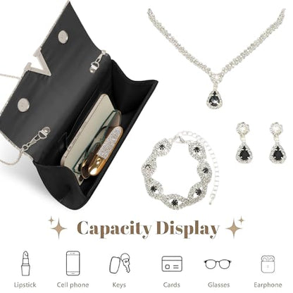 YYW 4 Pieces Women Evening Handbags Clutch Purse Bag with Rhinestone Crystal Jewelry Set for Wedding Party - color: black