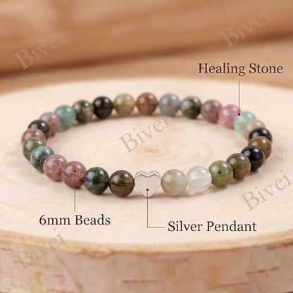 Bivei Crystal Stretch 6mm Bracelets for Women | Handmade Natural Stone Beaded Stretch Bracelet, Stainless Steel Heart Bead, Tranquility Yoga Gift Jewelry for Women - color: Rainbow Tourmaline - Balancing
