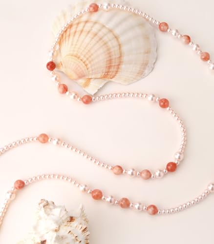 Long Beaded Necklaces for Women Pearl Stone Bead Strand - Layered Sweater Chain Elegant Mother's Day Jewelry Gifts - color: Pink