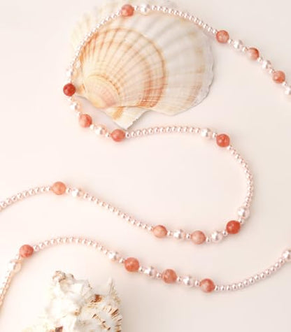 Long Beaded Necklaces for Women Pearl Stone Bead Strand - Layered Sweater Chain Elegant Mother's Day Jewelry Gifts - color: Pink