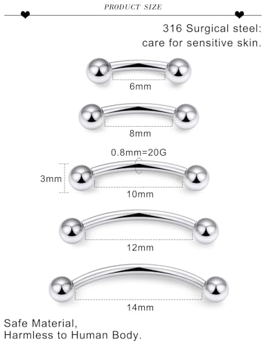 20G 16G 14G 12G Eyebrow Ring Piercing Jewelry Surgical Steel Vertical Labret Lip Ring Rook Daith Earrings Navel Small Tiny Belly Button Ring Piercing Jewelry for Women Men Silver Black Gold - color: Silver, size: 20G