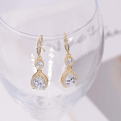 AMYJANE Elegant Jewelry Set for Women - Silver Teardrop Clear Cubic Zirconia Crystal Rhinestone Drop Earrings and Necklace Bridal Jewelry Sets Best Gift for Bridesmaids - style: Angle Tears (14k Yellow Gold Plated)