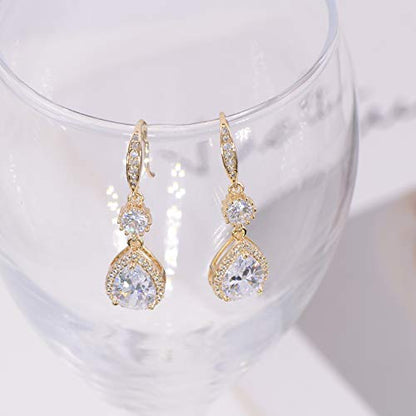 AMYJANE Elegant Jewelry Set for Women - Silver Teardrop Clear Cubic Zirconia Crystal Rhinestone Drop Earrings and Necklace Bridal Jewelry Sets Best Gift for Bridesmaids - style: Angle Tears (14k Yellow Gold Plated)