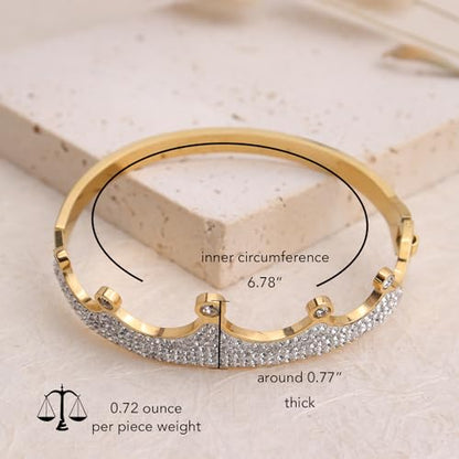 14k Gold Plated Cubic Zirconia Bangle Classic Bracelets for Woman, Sparkly Rhinestones Crown Bangle Stainless Steel Stackable Cuff Bracelet Trendy Statement Jewelry Gifts - color: GoldCrown