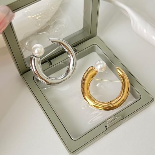 Crescent Round Hollow Out Brooch Lapel Pin for Women Girls - Simulated Pearl Moon Geometric Circle Shawl Brooches Sweater Scarf Dress Suit Corsage Clothes Decorations Pins Elegant Jewelry Wedding Prom