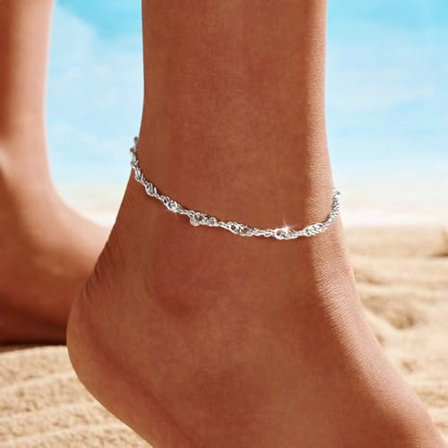 Gold Anklet Silver Ankle Bracelets for Women, 14k Gold Plated Anklets for Women Waterproof Adjustable Hypoallergenic Cute Dainty Simple Twist Chain Anklet Trendy Foot Jewelry Gift