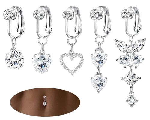 5Pcs Gold Fake Belly Piercing Fake Belly Ring for Women Fake Belly Button Piercing Clip On Belly Button Rings Fake Navel Ring Non Piercing - style: white stone-silver