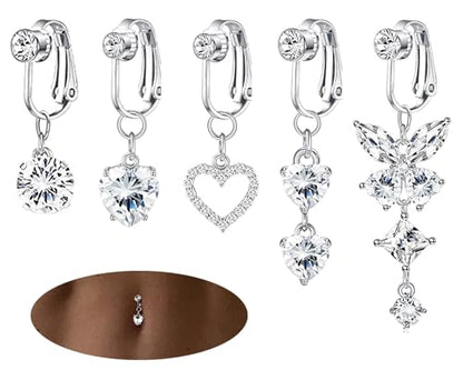 5Pcs Gold Fake Belly Piercing Fake Belly Ring for Women Fake Belly Button Piercing Clip On Belly Button Rings Fake Navel Ring Non Piercing - style: white stone-silver