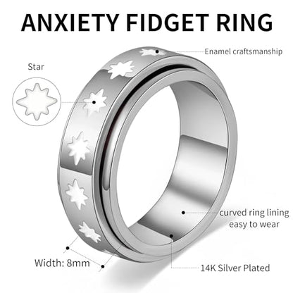 Fidget Anxiety Rings for Women 14K Gold Silver Plated Spinner Band Ring 8mm Thick Stainless Steel Statement Rings Jewelry Gifts Size 6-10 - color: Silver-Star