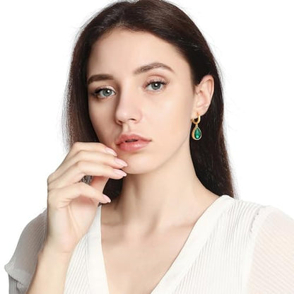 Crystals Teardrop Dangle Drop Earrings, 18K Gold Plated Hoop Earrings Zirconia Jewelry for Women Gifts - color: Green