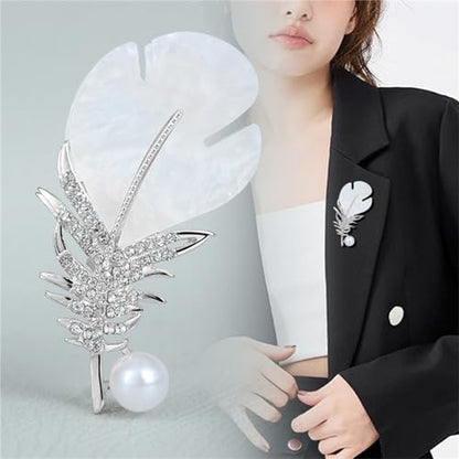 Rhinestone Feather Leaf Brooch Pin for Men Women Gold Silver Plated Elegant Delicate Leaves Hat Bag Suit Tie Crystal Pearl Lapel Brooches for Mother's Day Birthday Wedding Fashion Jewelry Gifts - color: Silver