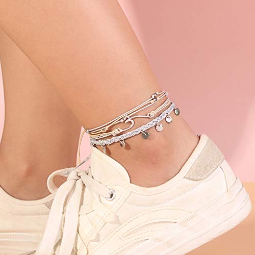Waterproof String Anklets Cute Beaded Ankle Bracelets Beach Wave Anklet Stainless Steel Coin Boho Ankle Jewelry for Women - color: Light Grey