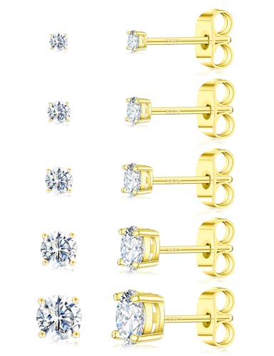 5 Pairs Moissanite Sterling Silver Stud Earrings Set for Women, Hypoallergenic, 2mm, 3mm, 4mm, 5mm - color: 14K Gold