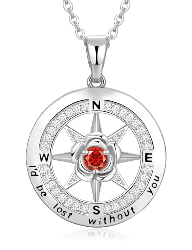 Meeshi Silver Compass Necklace for Women Birthday Gifts for Wife Anniversary Necklace for Women Rose Flower Birthstone Necklaces for Wife Jewelry for Womens Girlfriend Mom Daughter - style: 07-July-Ruby