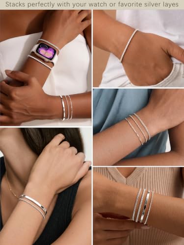 Dainty Gold Bracelet for Women Trendy Non Tarnish, Thin Bracelets Stackable Set with Bangle Cuff, Box, Herringbone, Paperclip, Figaro, Sparkling Link Chains Waterproof, Simple Jewelry Gifts for Women - color: Silver-tennis/cuban/bangle/paperclip/Beaded