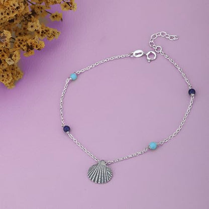 Vanbelle Sterling Silver Jewelry - Rhodium Plated 925 Stamp - Sea Shell Charm and Beads Anklet - Elegant Stylish Beautifully Designed for Women - 9" Long + 1" Extender