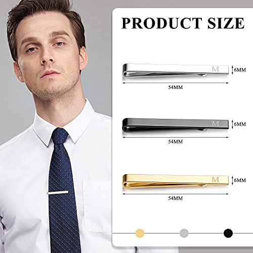 3Pcs Stainless Steel Tie Clips for Men Unique Gold Tie Bar Pin Tack Set | 3 Pcs Elegant Personalized Classic Letter Tie Clips for Men, Silver and Black Tone