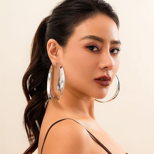 Hoop Earrings for Women Wide Hoop Earrings Large Big Flat Huggie Hoops Earrings Trendy Chunky Hoops Earrings Statement Earrings Jewelry for Women - color: 80mm-Silver