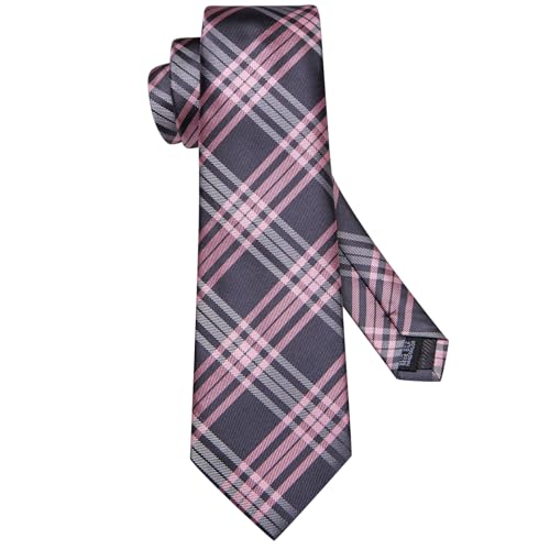 Hi-Tie Men's Silk Ties Formal Woven Classic Necktie Pocket Square Cufflinks Lapel Pin Set Wedding Business - color: A Grey and Pink