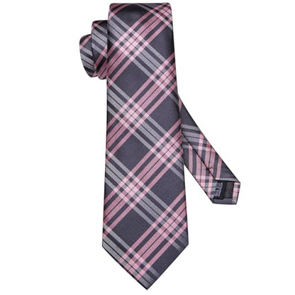 Hi-Tie Men's Silk Ties Formal Woven Classic Necktie Pocket Square Cufflinks Lapel Pin Set Wedding Business - color: A Grey and Pink